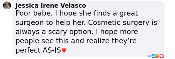 Comment expressing concern over cosmetic surgery risks shared by women who wanted to look refreshed but were disfigured.