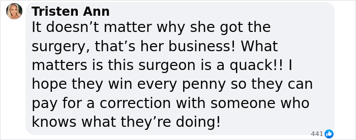 Screenshot of a Facebook comment criticizing a plastic surgeon for disfiguring women who wanted to look refreshed.