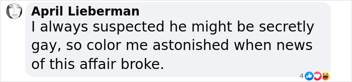 Comment by April Lieberman expressing surprise about Hugh Jackman's long history with Sutton Foster amid divorce news.