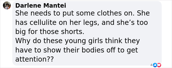 Screenshot of a social media comment criticizing Miley Cyrus' sister Noah's revealing look after a Hannah Montana post.
