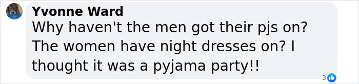 Comment from Yvonne Ward questioning why men are not in pajamas while women wear night dresses at a party, linked to Beckham birthday party feud.