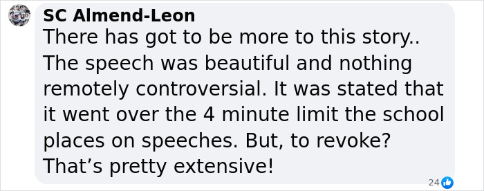 Comment expressing outrage after high school valedictorian is stripped of title over speech for exceeding time limit.
