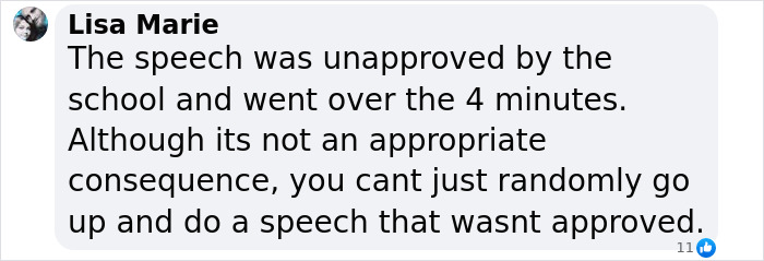 Comment by Lisa Marie explaining the unapproved speech causing outrage after valedictorian is stripped of title.