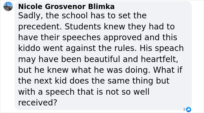 Facebook comment about school setting precedent after valedictorian is stripped of title for unapproved speech controversy.