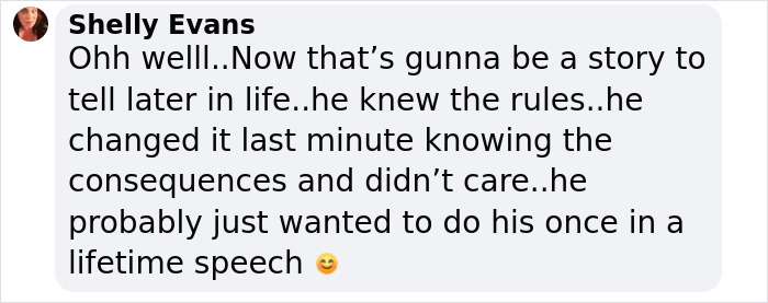Comment from Shelly Evans reacting to high school valedictorian stripped of title over speech controversy.