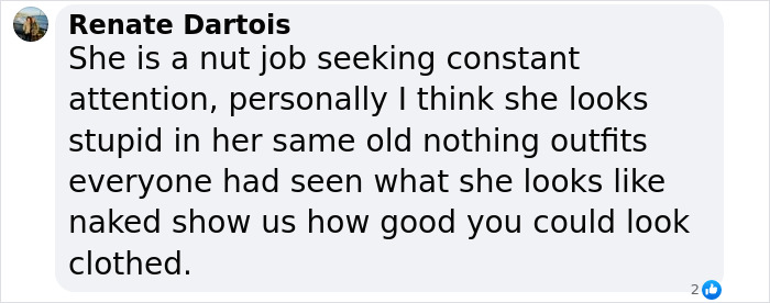 Comment screenshot criticizing Bianca Censori for seeking attention and wearing repetitive outfits amid public indecency calls.