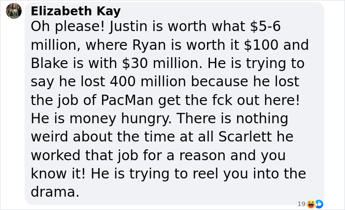 Comment discussing Scarlett Johansson, Ryan Reynolds, Blake Lively, and lawsuit involving Baldoni, expressing strong opinions.