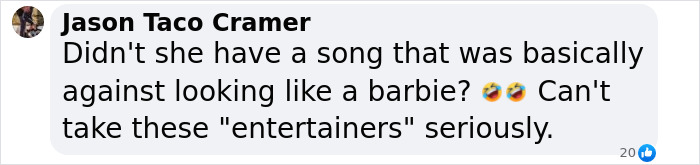 Comment from Jason Taco Cramer expressing disbelief about Meghan Trainor's makeover after weight loss and plastic surgery.