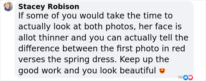 Comment praising Chrissy Metz's slimmed-down look after 100lbs weight loss, highlighting noticeable facial difference.