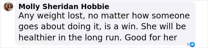 Comment expressing support for weight loss journey, highlighting health benefits and celebrating success with slimming down.