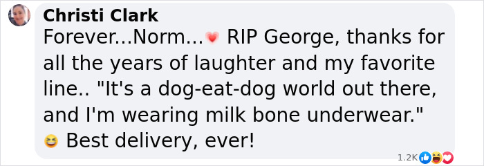 Facebook comment expressing heartfelt tribute to Cheers star George Wendt, highlighting fans&rsquo; sadness after passing.