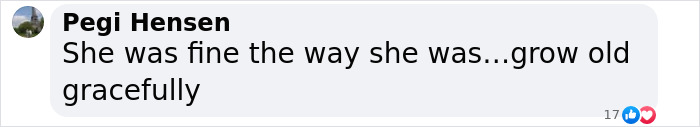 Facebook comment by Pegi Hensen saying she was fine the way she was and should grow old gracefully. Facebook comment by Pegi Hensen saying she was fine the way she was and should grow old gracefully.