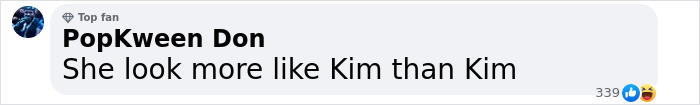 Comment on social media from Top Fan PopKween Don stating she looks more like Kim than Kim with laughing reactions. Comment on social media from Top Fan PopKween Don stating she looks more like Kim than Kim with laughing reactions.