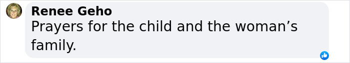 Facebook comment expressing prayers for toddler found covered in blood and the woman's family after tragic incident.