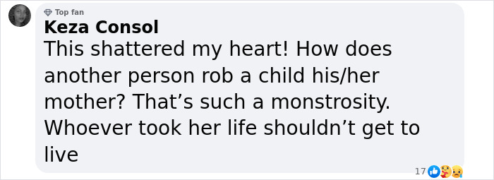 Facebook comment expressing heartbreak over a toddler found covered in blood after a tragic incident involving an influencer's mom.
