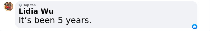 Comment from Lidia Wu, a top fan, stating it has been 5 years, displayed in a social media style format.