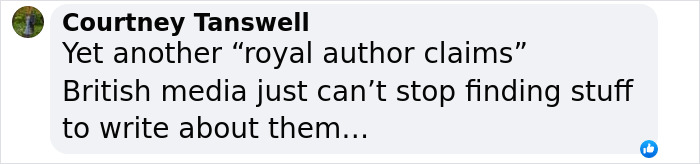 Comment by Courtney Tanswell on social media discussing royal author claims about Meghan Markle and British media.