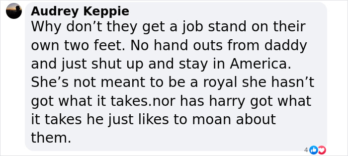 Facebook comment discussing Meghan Markle and Harry with critical opinions on their roles and behavior.