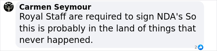 Comment by Carmen Seymour questioning the authenticity of Meghan Markle allegedly berating her wedding caterer.