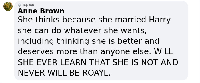 Screenshot of a social media comment criticizing Meghan Markle, referencing her wedding and behavior toward wedding caterer.