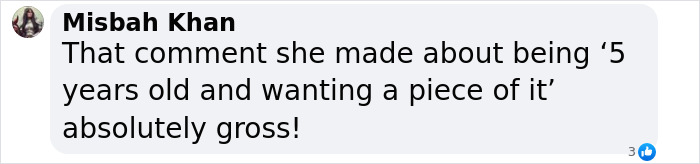 Comment from Misbah Khan criticizing Miley Cyrus sister Noah&rsquo;s revealing look and post about Hannah Montana as gross.