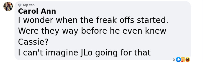 Facebook comment from Carol Ann discussing freak off parties related to Diddy trial jury and Cassie Ventura. Facebook comment from Carol Ann discussing freak off parties related to Diddy trial jury and Cassie Ventura.