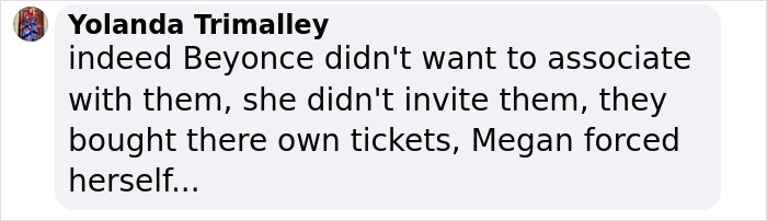 Comment by Yolanda Trimalley discussing Beyonce, Meghan, and ticket controversy at concert event. Comment by Yolanda Trimalley discussing Beyonce, Meghan, and ticket controversy at concert event.