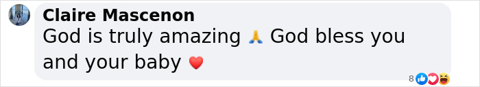 Screenshot of a Facebook comment praising God after a Hand Of God image appeared in ultrasound following prayer for baby's health