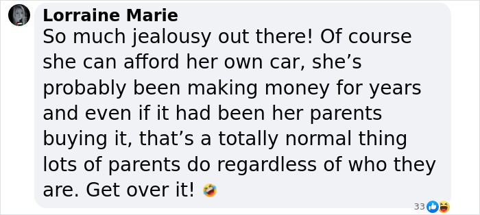 Comment defending Princess Andre buying a $13,000 car, addressing online trolls and jealousy.