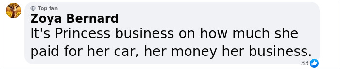 Comment from Zoya Bernard defending Princess Andre over her $13,000 car purchase during an online discussion.