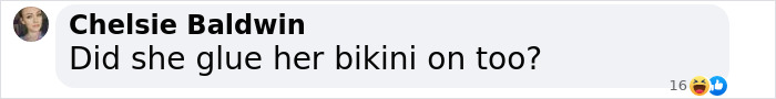 Comment on a social media post questioning if a bikini was glued on, related to buying a bathing suit that fits.