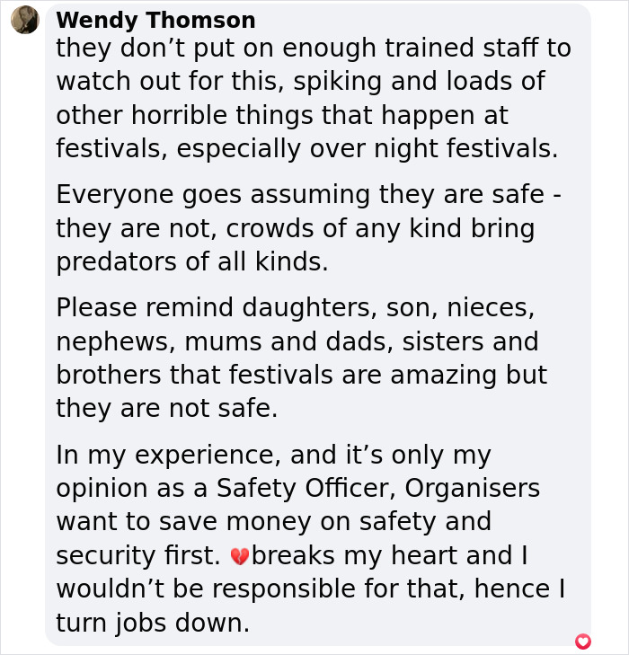 Comment from Wendy Thomson warning about safety risks and lack of trained staff at festivals, highlighting predator dangers. Comment from Wendy Thomson warning about safety risks and lack of trained staff at festivals, highlighting predator dangers.