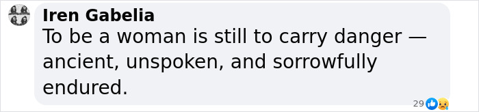 Screenshot of a social media comment by Iren Gabelia reflecting on the danger and sorrow endured by women. Screenshot of a social media comment by Iren Gabelia reflecting on the danger and sorrow endured by women.