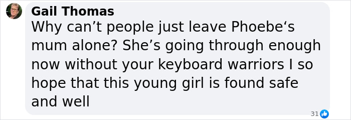 Comment from Gail Thomas expressing hope the missing teen is found safe amid online harassment of her mother. Comment from Gail Thomas expressing hope the missing teen is found safe amid online harassment of her mother.
