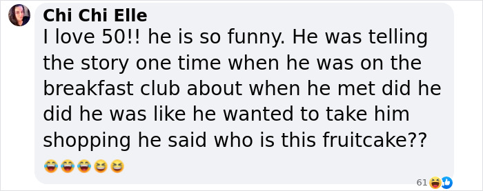 50 Cent posing in a Free Diddy shirt while commenting on Cassie's mother in a casual social media post.