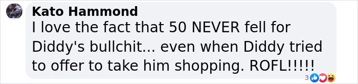 Comment from Kato Hammond praising 50 Cent for not falling for Diddy's tactics in a social media post.