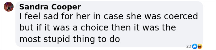 Facebook comment by Sandra Cooper expressing mixed feelings about a teen allegedly pregnant after going missing in Thailand.