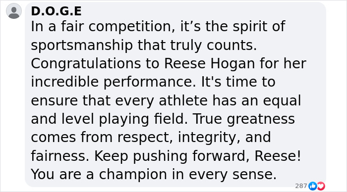 Comment praising Reese Hogan for her performance, emphasizing fairness and respect in high school girl athletic competitions.