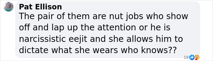 Facebook comment by Pat Ellison criticizing a couple for showing off and controlling fashion choices, sparking online debate.