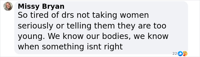 Comment from Missy Bryan expressing frustration over doctors not taking women seriously or dismissing their health concerns due to age.
