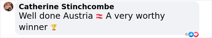 Comment praising Austria's Eurovision 2025 victory with an Austria flag and trophy emoji displayed on social media.