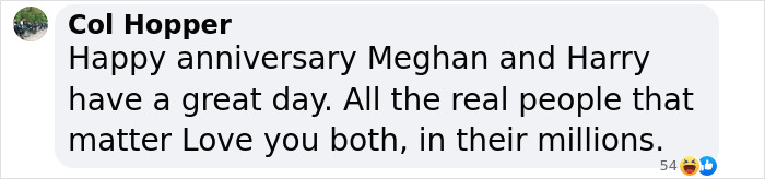 Comment praising Meghan Markle and Prince Harry on their anniversary, with many likes and laughing reactions.