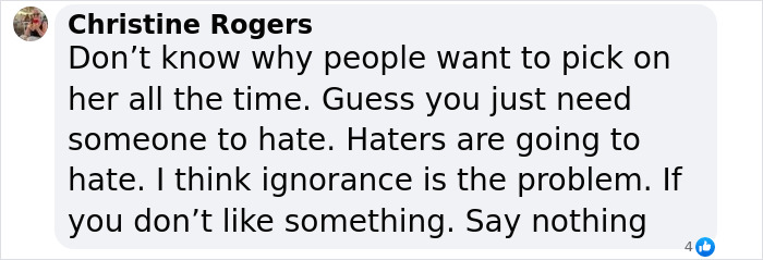 Facebook comment by Christine Rogers defending Meghan Markle amid backlash for not mentioning Prince Harry in an anniversary post.