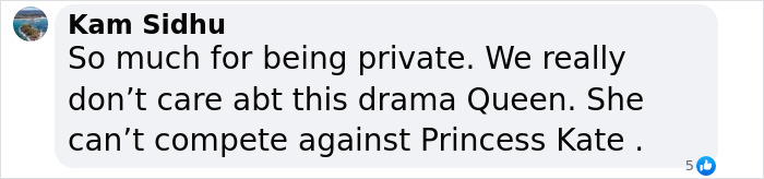 Comment criticizing Meghan Markle for not mentioning Prince Harry, calling her a drama queen unable to compete with Princess Kate.