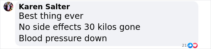 User comment on social media praising Ozempic for weight loss and blood pressure improvement, ignoring muscle loss side effect concerns. User comment on social media praising Ozempic for weight loss and blood pressure improvement, ignoring muscle loss side effect concerns.