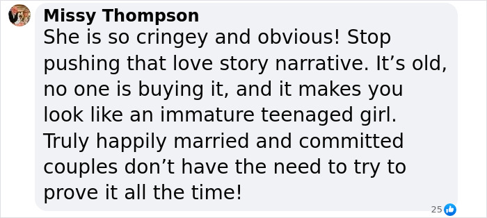 Screenshot of a social media comment criticizing Meghan Markle for her anniversary post without mentioning Prince Harry.