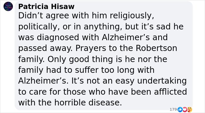 Facebook comment expressing sympathy for the passing of Duck Dynasty star Phil Robertson after his Alzheimer's battle.