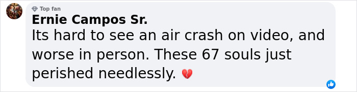 Comment from Ernie Campos Sr. expressing sorrow over a plane crash where 67 souls perished needlessly.