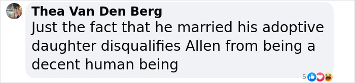 Screenshot of a social media comment discussing Woody Allen amid Sean Penn's rough appearance and heavy claims about the actor.