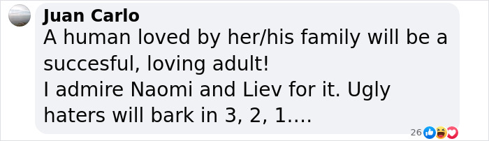 Comment praising Liev Schreiber and Naomi for supporting their transgender teen daughter Kai with love and acceptance.